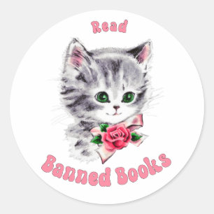 Sticker Rond Cute Retro Chat - Lire Livres Interdits