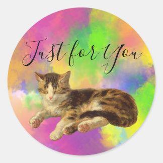 Sticker Rond Cute Retro Kitty Cat Just for You Abstract Rainbow