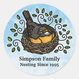 Sticker Rond Cute Robin Nesting, Ajouter votre nom de famille e