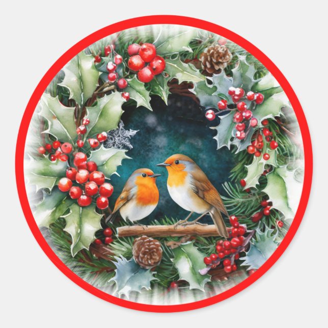 Sticker Rond Cute robins and holly and foliage (Devant)