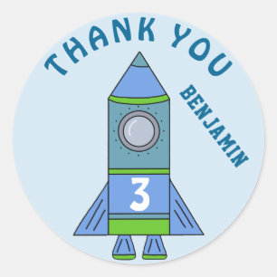 Sticker Rond Cute Rocket Blue Kids Boy Merci d'anniversaire