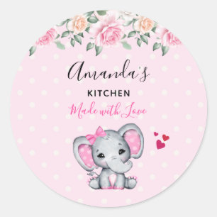 Sticker Rond Cute rose bébé Eléphant et Rose Frontière cuisine