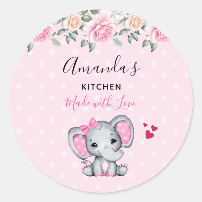Sticker Rond Cute rose bébé Eléphant et Rose Frontière cuisine (Devant)