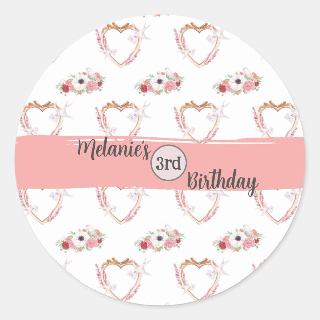 Sticker Rond Cute Rose Blanc Floral Coeur Motif Anniversaire (Devant)