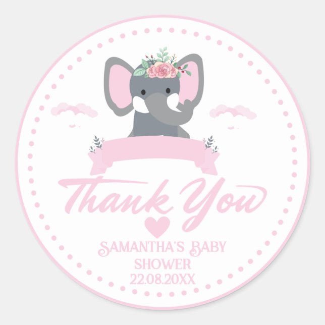 Sticker Rond Cute rose éléphant floral merci baby shower (Devant)