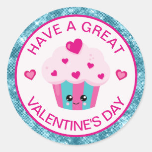 Sticker Rond Cute rose et bleu Coeur Cupcake Saint Valentin