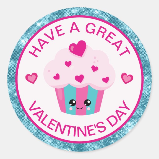 Sticker Rond Cute rose et bleu Coeur Cupcake Saint Valentin (Devant)