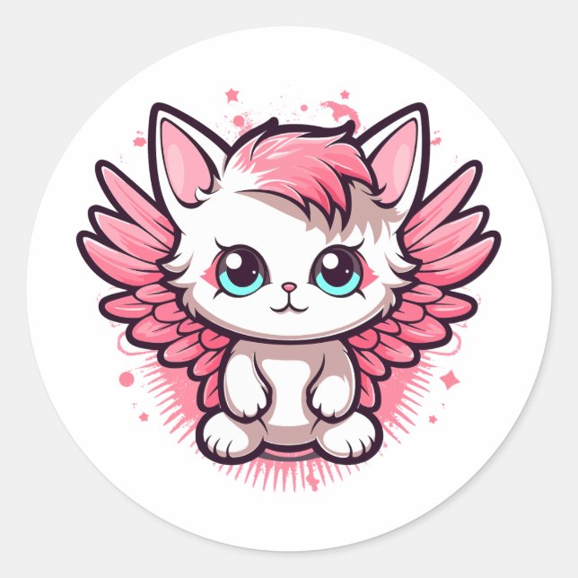 Sticker Rond Cute rose Kawaii Chat avec ailes (Devant)