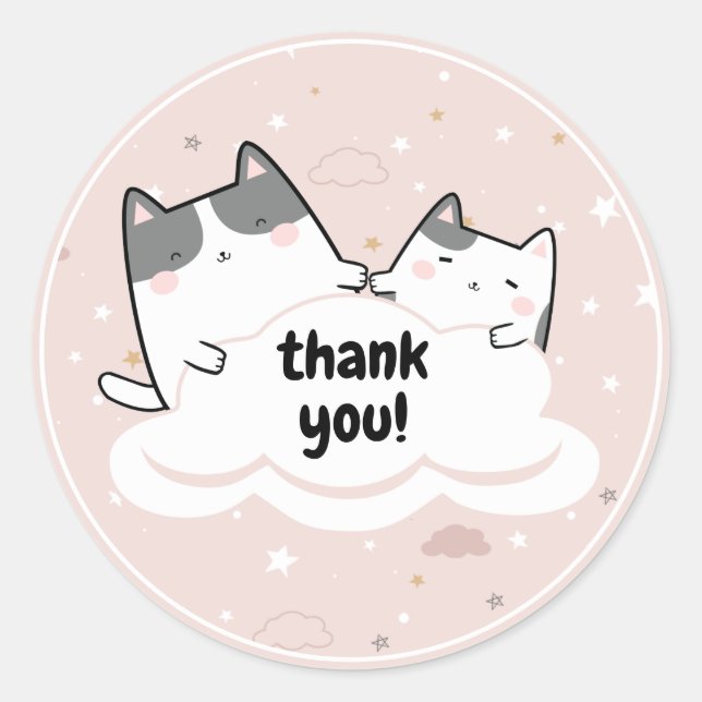 Sticker Rond Cute rose Kawaii Chat Sparkle Merci Nuages (Devant)