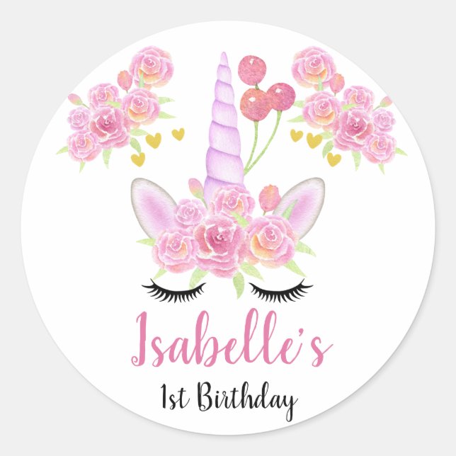 Sticker Rond Cute rose Unicorn Aquarelle Florales Anniversaire (Devant)