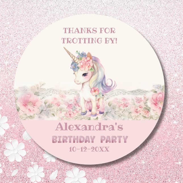 Sticker Rond Cute rose Unicorn fille Merci d'anniversaire (Créateur téléchargé)