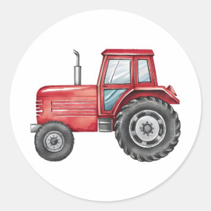 Sticker Rond Cute rouge tracteur ferme aquarelle enfants