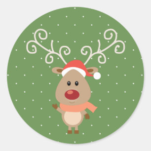 Sticker Rond Cute Rudolph, dessin de rennes à nez rouge
