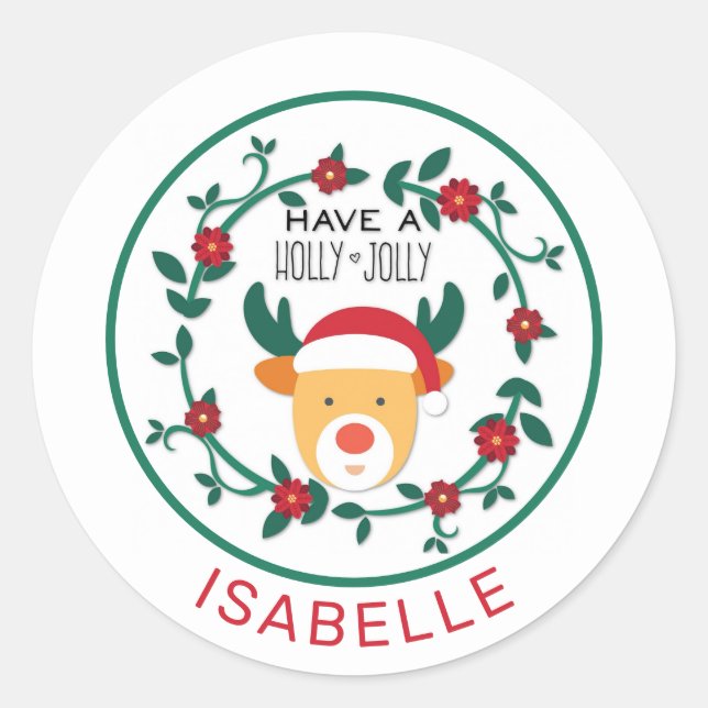 Sticker Rond Cute Rudolph Reindeer Holly Jolly Noël (Devant)