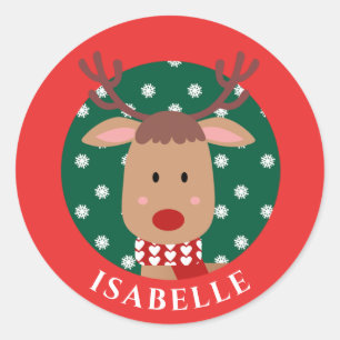 Sticker Rond Cute Rudolph Reindeer Noël Rouge Vert Classique