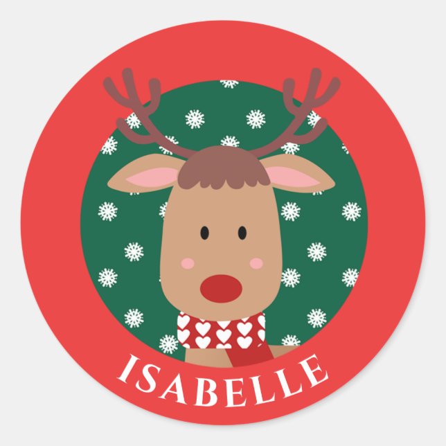 Sticker Rond Cute Rudolph Reindeer Noël Rouge Vert Classique (Devant)