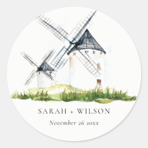 Sticker Rond Cute Rustic Watercolor Windmill Mariage de thème d