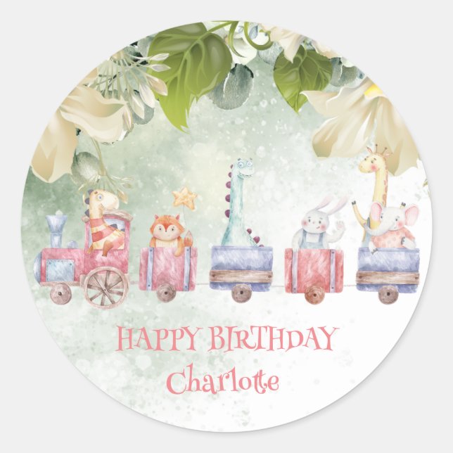 Sticker Rond Cute Safari jungle zoo train fête d'anniversaire (Devant)