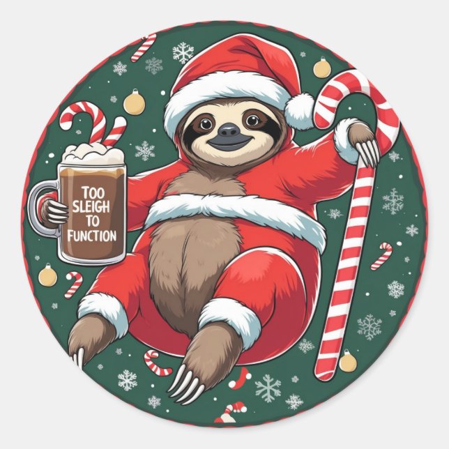 Sticker Rond Cute Santa Sloth on Candy Cane with Hot Cocoa (Devant)