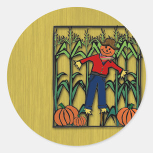 Sticker Rond Cute Scarecrow dans un champ de maïs Halloween