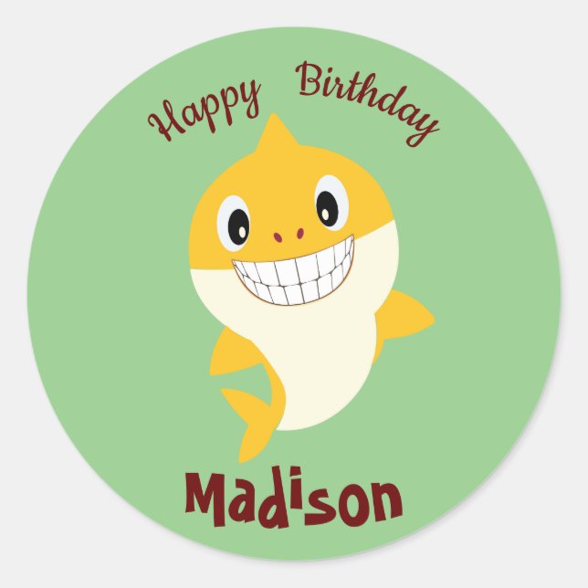 Sticker Rond Cute Shark 🦈 Super Birthday Ocean Party Sage (Devant)