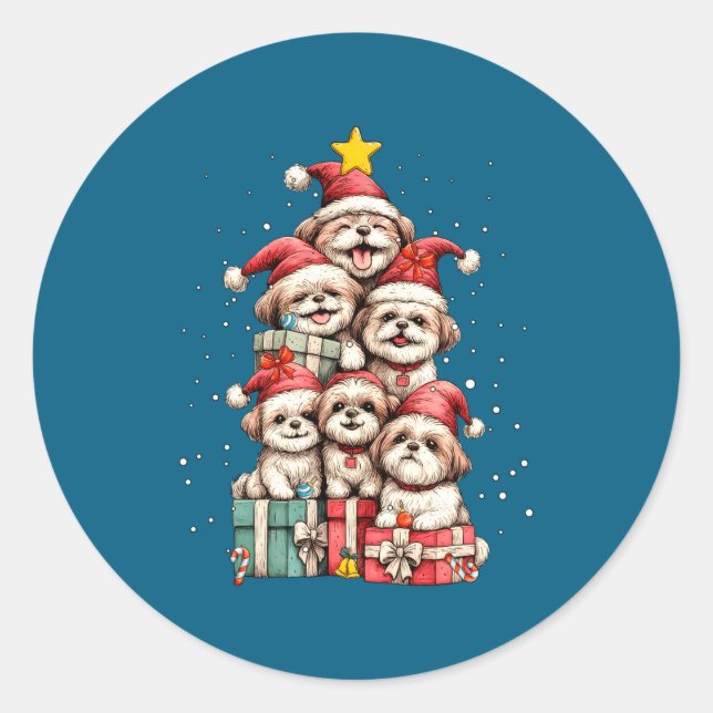 Sticker Rond Cute Shih Tzu Le Dog Christmas Tree Xmas Hat Long  (Devant)