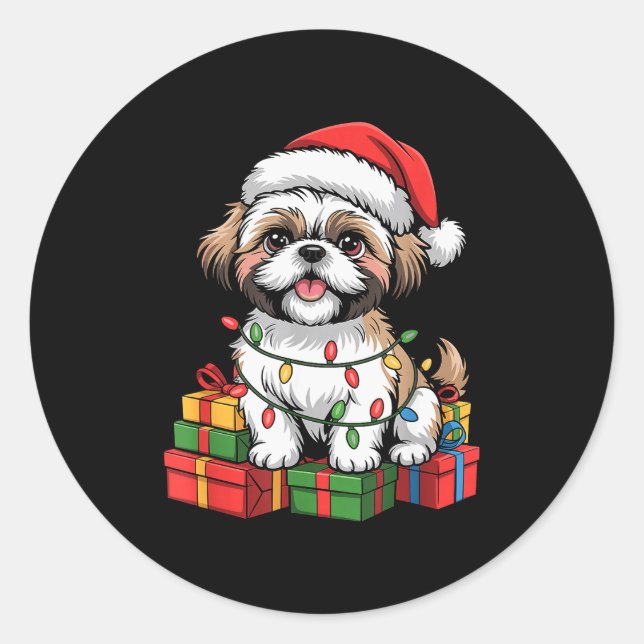 Sticker Rond Cute Shih Tzu Santa Hat Christmas Xmas Dog Lovers  (Devant)
