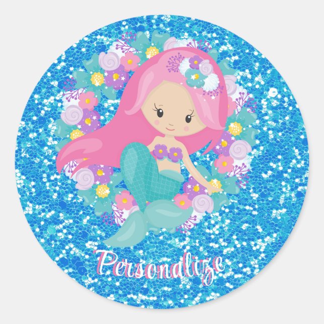 Sticker Rond Cute sirène rose Parties scintillant bleue Personn (Devant)