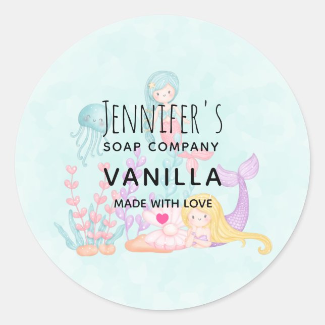 Sticker Rond Cute sirène sous savon d'aquarelle de mer (Devant)