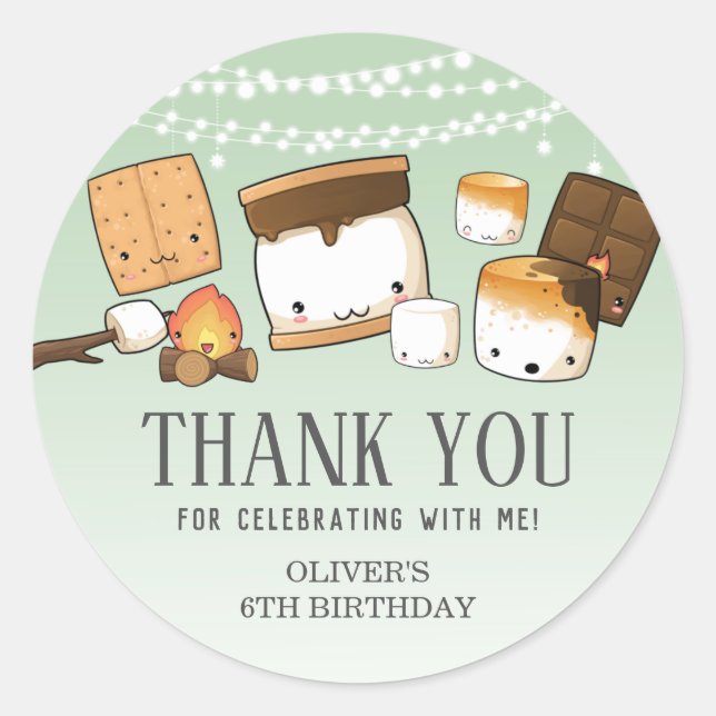 Sticker Rond Cute S'mores Smore Anniversaire Merci Favori Vert (Devant)