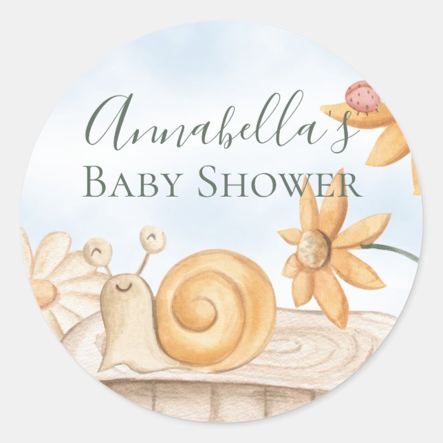 Sticker Rond Cute Snail et Ladybug Garden Baby shower à thème (Devant)
