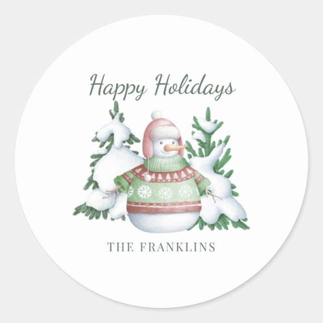 Sticker Rond Cute Snowman Happy Holidays Nom de famille (Devant)