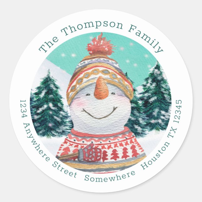 Sticker Rond Cute Snowman Nom de retour Adresse Noël Turquoise (Devant)
