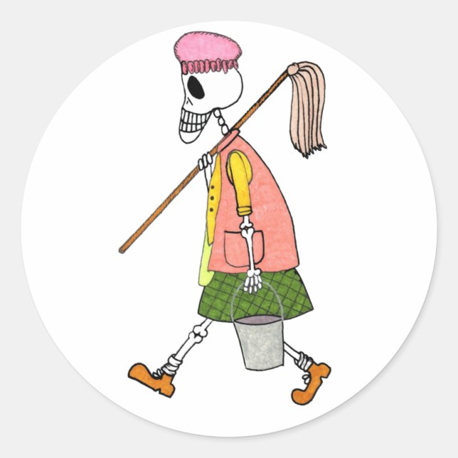 Sticker Rond Cute Squelette Nettoyant Femme Mop & Pail (Devant)