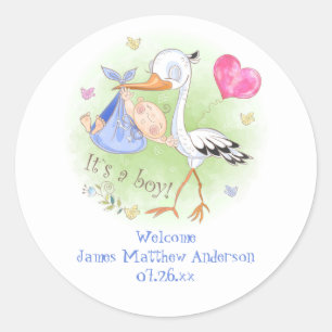 Sticker Rond Cute Stork avec bébé garçon Baby shower Coeurs ros