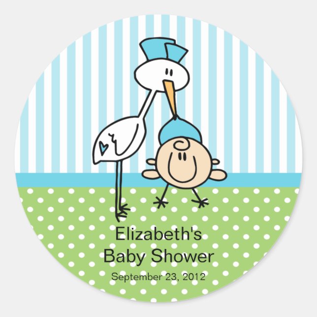 Sticker Rond Cute Stork Baby Baby shower garçon (Devant)
