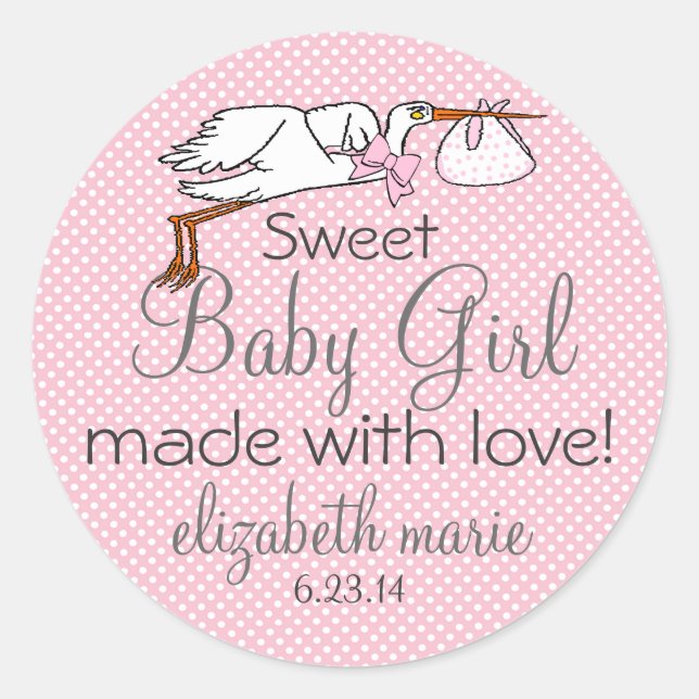 Sticker Rond Cute Stork Baby shower rose Favoris (Devant)