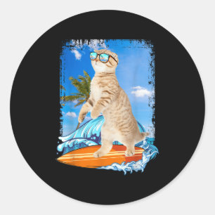 Sticker Rond Cute Surfing Hawaiian Amoureux des chats Plage Sur