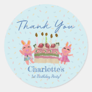Sticker Rond Cute Sweet Bunnies Bleu Anniversaire Merci