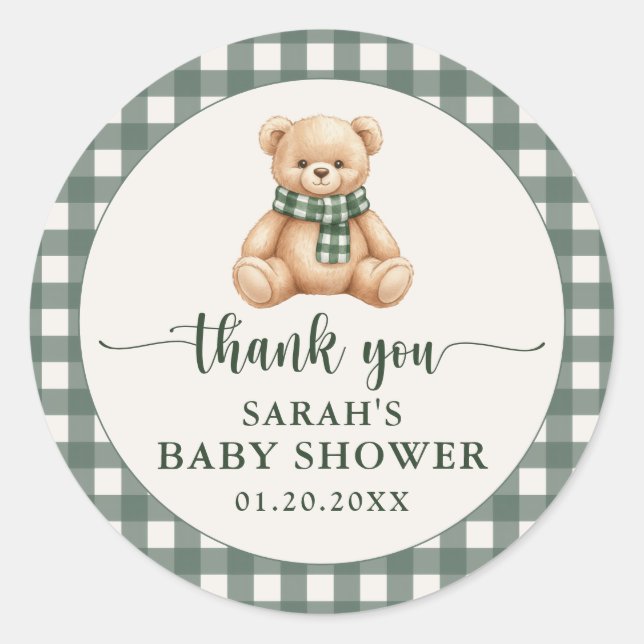 Sticker Rond Cute Teddy Bear Green Plaid Baby Shower Thank You (Devant)