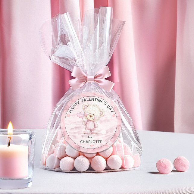 Sticker Rond Cute Teddy Bear | Heart Pop Happy Valentines Day (Cute Teddy Bear Holding A Heart-Shaped Pop "Happy Valentine's Day" from Name Classic Round Sticker)