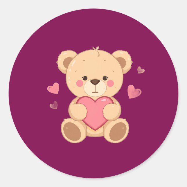 Sticker Rond Cute Teddy Bear Holding Heart – Valentine Love Ill (Devant)