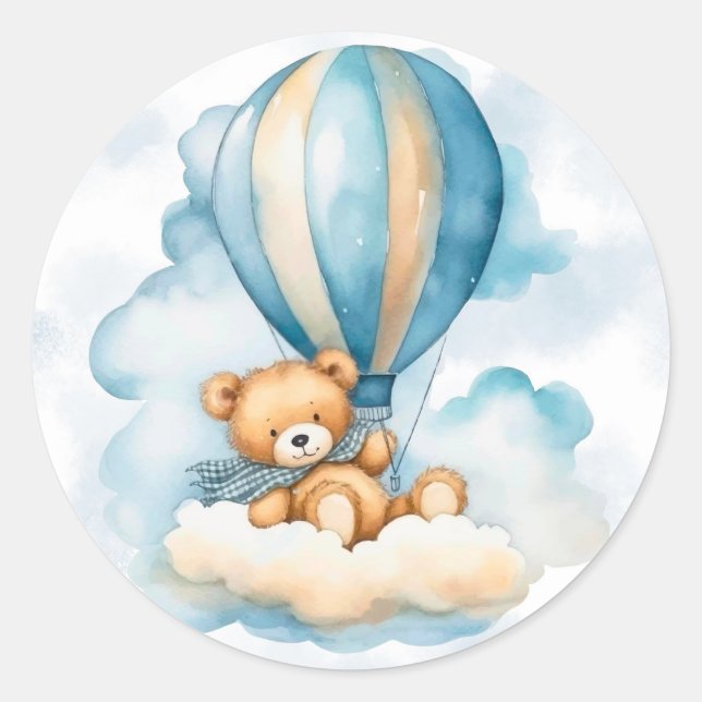 Sticker Rond Cute Teddy Bear Hot Air Balloons Baby shower garço (Devant)