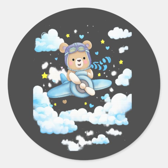 Sticker Rond Cute Teddy Bear Pilot Airplane (Devant)