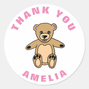 Sticker Rond Cute Teddy Ours rose Anniversaire de enfant Merci