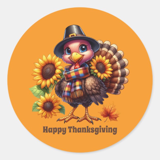 Sticker Rond Cute Thanksgiving Jour férié dinde personnalisable (Devant)