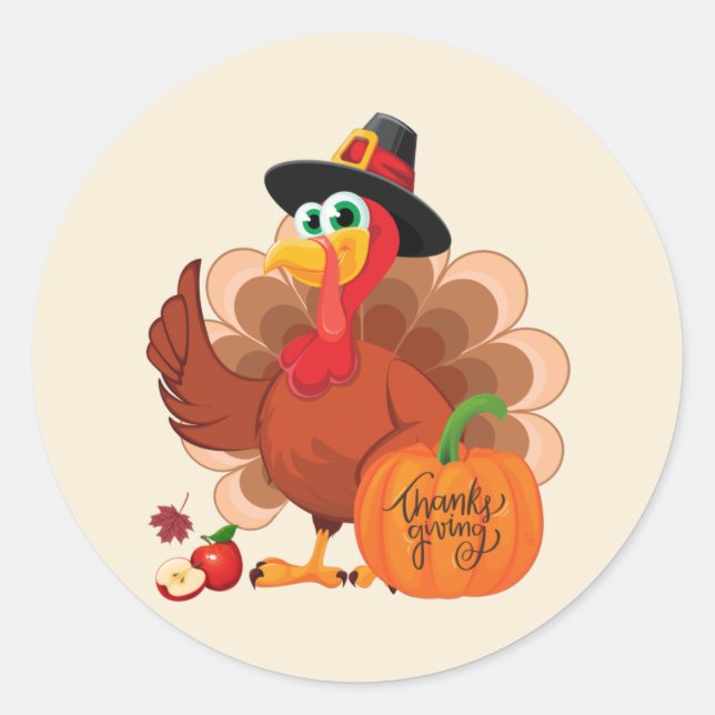 Sticker Rond Cute Thanksgiving Turquie et récolte Citrouille (Devant)