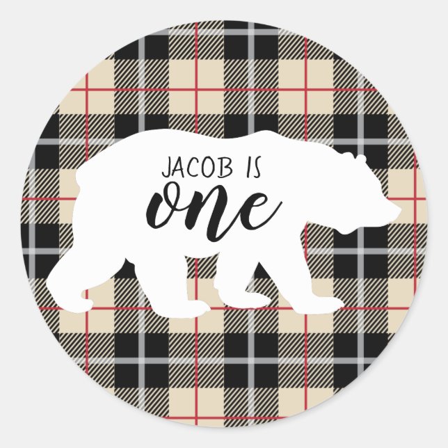 Sticker Rond Cute Thompson Camel Plaid Bear 1ère fête d'anniver (Devant)