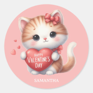 Sticker Rond Cute Tiger Chat Red Heart Heureuse Sainte-Valentin