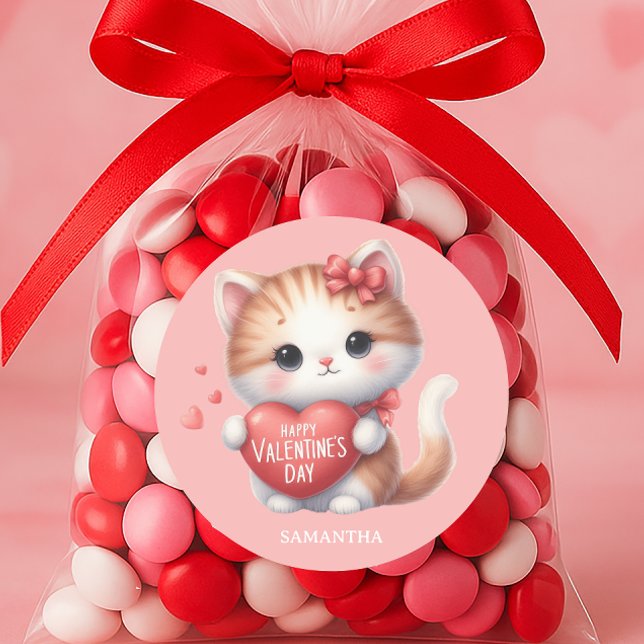 Sticker Rond Cute Tiger Chat Red Heart Heureuse Sainte-Valentin (Cute cat Valentine's Day sticker)